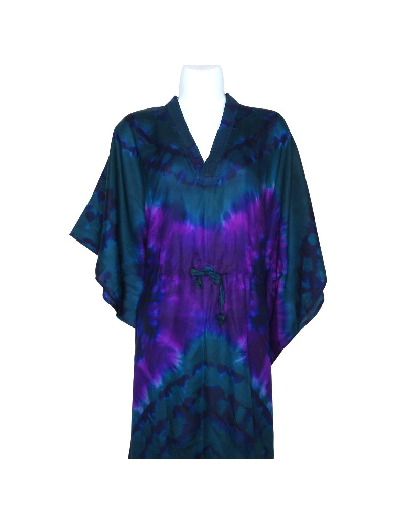 Vintage Handmade Tie-Dye Silk Kaftan Adjustable Waist Drawstring Purple & Green